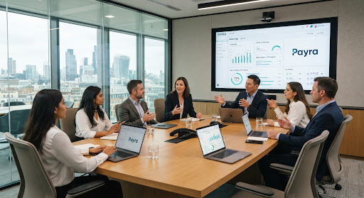 Sala de juntas con visualizaciones de datos para transformación digital