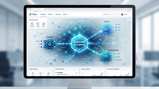Red neuronal que conecta departamentos en un ecosistema ERP