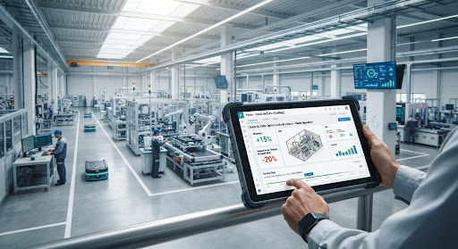 Piso de manufactura industrial con tabletas mostrando visualizaciones de datos de Odoo
