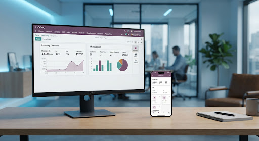 Interfaz de Odoo ERP en versión móvil y de escritorio